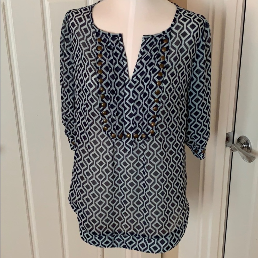 41 Hawthorn Geometric print, sheer blouse.